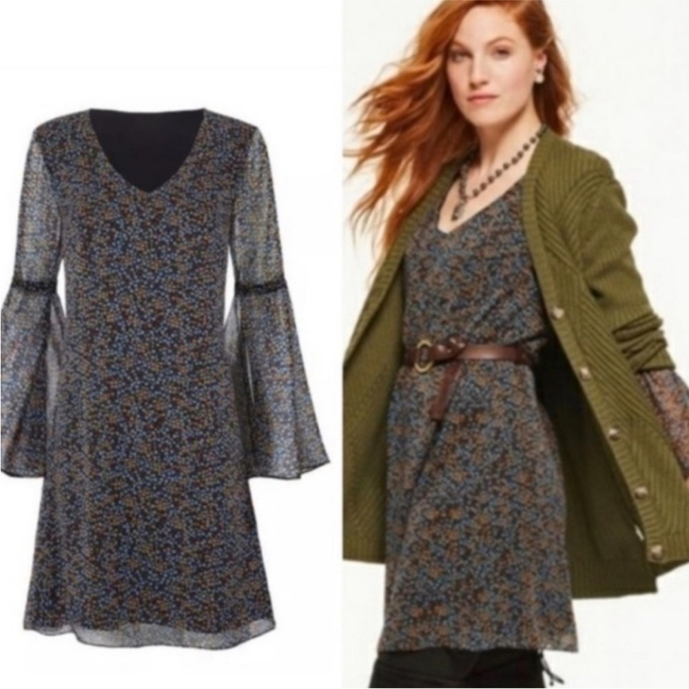 CAbi “Poise” Baby Floral Long Bell Sleeves Shift Dress NWT